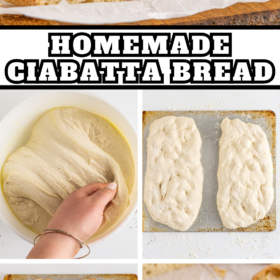 Ciabatta Bread being shaped into loaves, baked and sliced into pieces.
