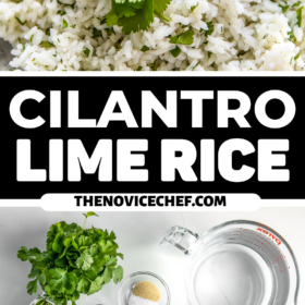 Cilantro lime rice in a bowl with a spoon and ingredients for the rice recipe arranged on a marble countertop.