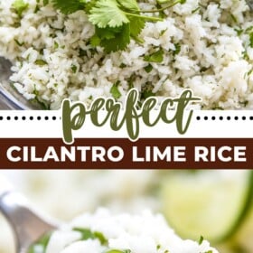 A bowl of cilantro lime rice and a spoon scooping up a bite.