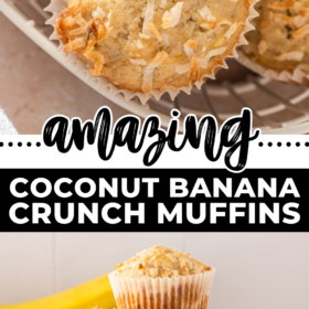 Coconut banana muffins stacked on top of each other on a plate.