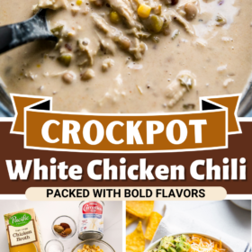 A spoon scooping white chicken chili out of a crockpot and a bowl of white chicken chili with all the toppings.