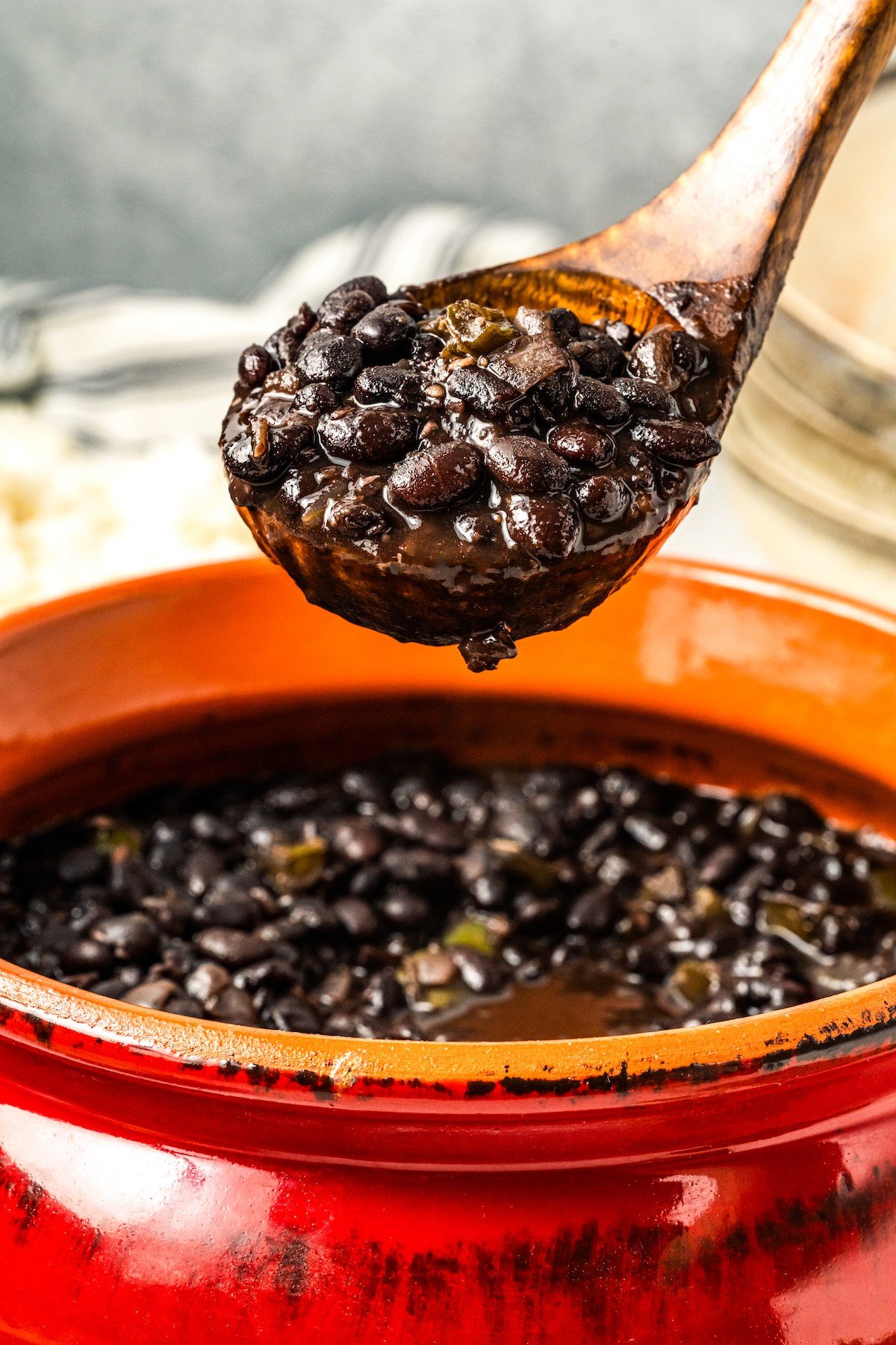 Spoonful of Cuban black beans. 