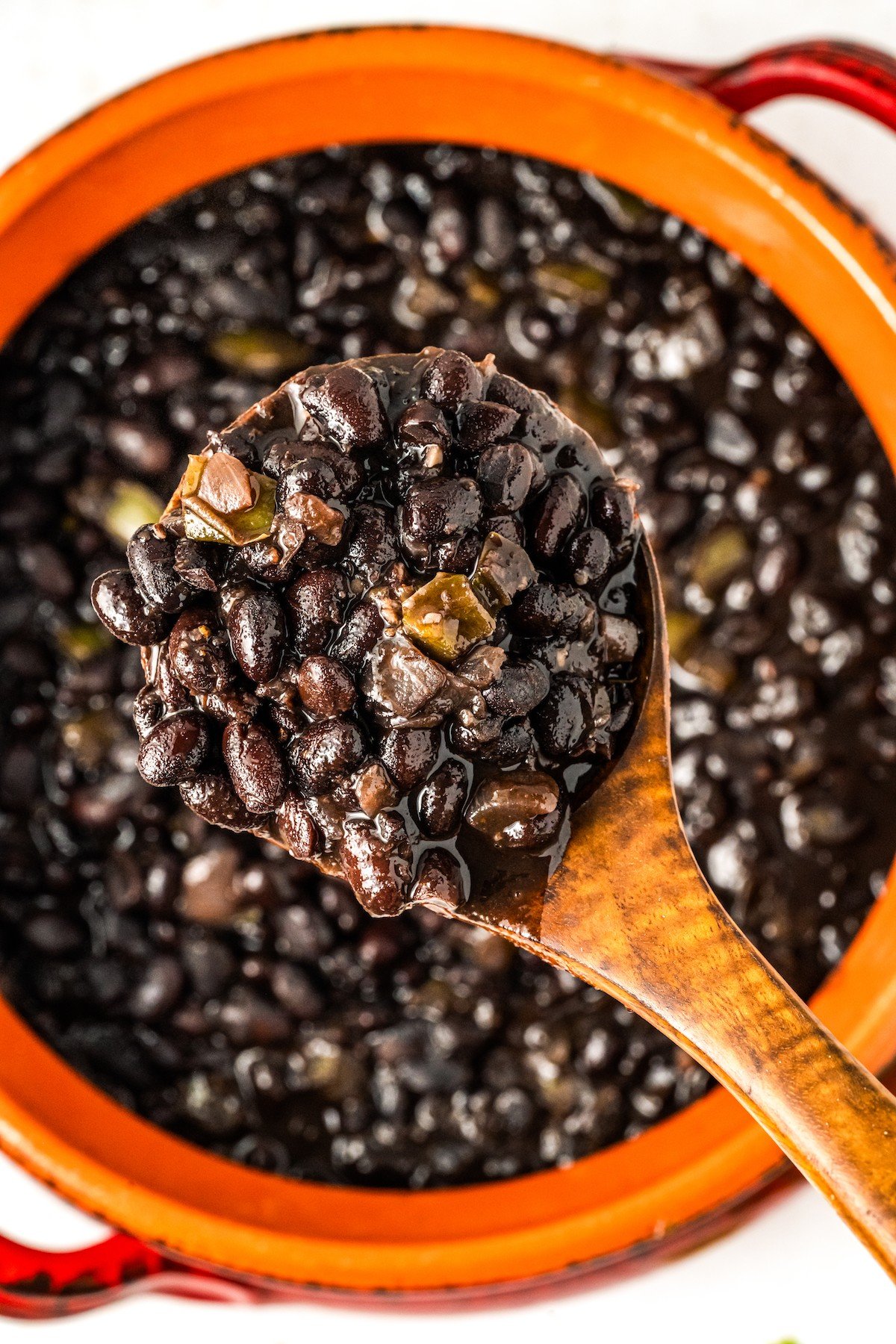 Close-up of Cuban black beans recipe. 