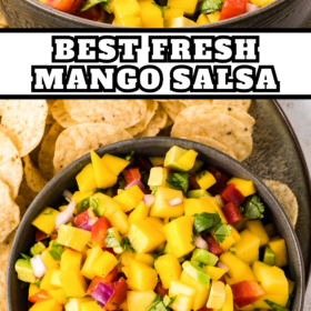 A bowl of fresh mango salsa with tortilla chips around it.
