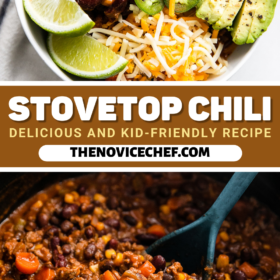 A bowl of chili with all the toppings and chili in a pot with a spoon stirring it.
