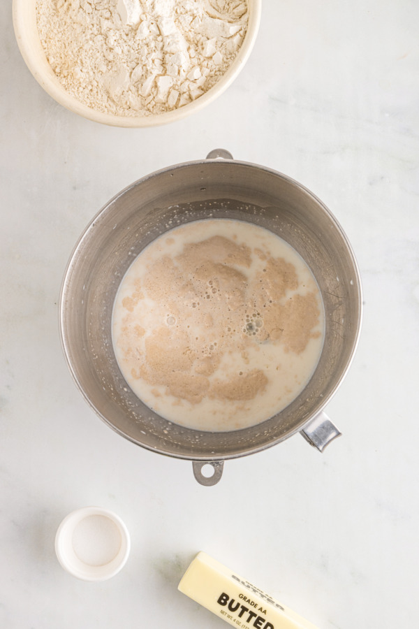 Yeast proofing in a mixing bowl.