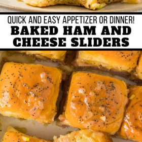 Ham and Cheese Sliders in a baking dish and a slider on a plate with a bite taken out of it.
