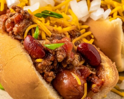 A hot dog with chili and cheese.