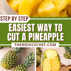 A pineapple on a cutting board being cut with a knife and a plate filled with pineapple spears and pineapple chunks in a bowl.