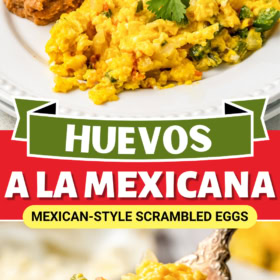 A plate of Huevos a la Mexicana with a side of refried beans.