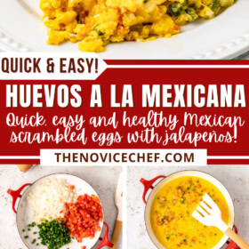 Huevos a la Mexicana being made in a skillet and on a plate with a side of refried beans.