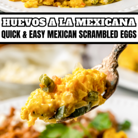 Mexican eggs on a plate with a fork picking up a bite.