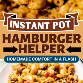 A spoon scooping up a serving of hamburger helper and a plate of hamburger helper with fresh herbs sprinkled on top.