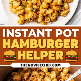 A spoon scooping out a serving of hamburger helper out of an instant pot.