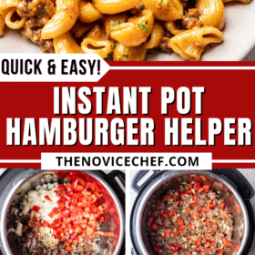 Hamburger helper being made in an instant pot and a serving on a plate with fresh herbs on top.