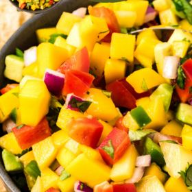 Mango salsa in a bowl with fresh cilantro on top.