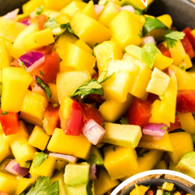Mango salsa in a bowl with fresh cilantro.