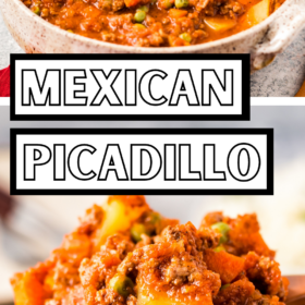 A bowl of Picadillo and a spoon scooping up a serving of Picadillo with potatoes.