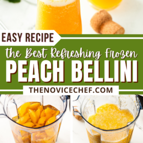 Peaches in a bender, and Peach Bellini being poured into a champagne flute and garnished with mint.