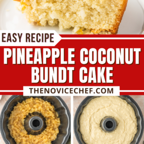 Pineapple Coconut Bundt Cake being prepared and then turned over onto a cake plate.
