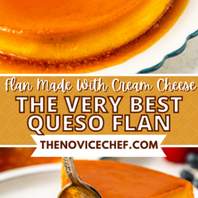 A large queso flan on a serving plate and a slice of flan with a spoon taking a bite.