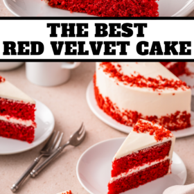 Two slices of red velvet cake on plates with forks.
