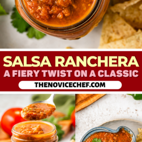 A mason jar filled with salsa ranchera and salsa in a bowl with tortilla chips.