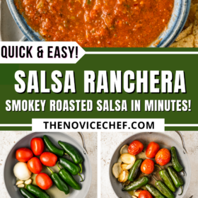 Salsa ranchera being prepared in a blender and poured into a mason jar.