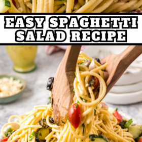 Spaghetti Salad with olives, tomatoes, cucumbers and more in a bowl and in a serving bowl with two spoons scooping out some pasta salad.