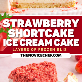 Strawberry Shortcake Ice Cream Cake on a plate with a spoon taking a bite.