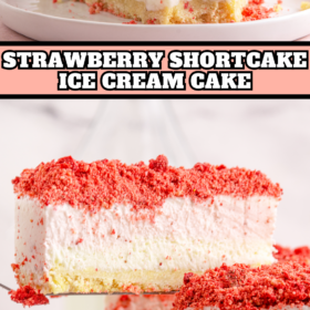 A slice of Strawberry Shortcake Ice Cream Cake on a plate with a bite taken out of it.