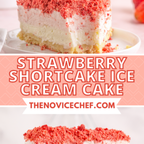 Strawberry Shortcake Ice Cream Cake on a plate and on a platter with a slice being cut and served.