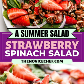 Spinach Strawberry Salad on a plate with poppyseed vinaigrette on top.