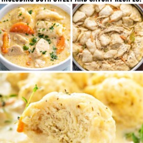 Chicken and dumplings in a bowl, in a skillet and in a bowl with a spoon cutting the dumpling in half.