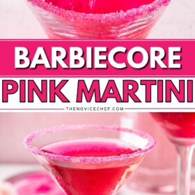 Barbie martini being poured into a martini glass with a sugar rim.