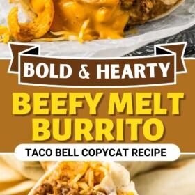 A Beefy Melt Burrito sliced in half to show the inside.