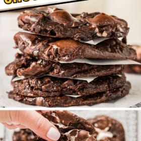 A stack of flourless chocolate cookies with marshmallow centers.