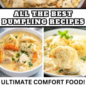 5 different kinds of chicken and dumplings in a bowl, a crockpot, a skillet and a large pot.