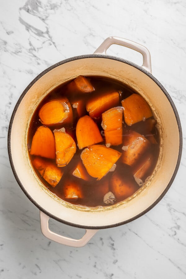 Sweet potatoes boiled in syrup.