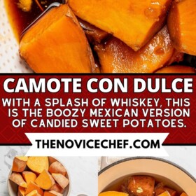 Ingredients arranged in bowls, sweet potatoes in a pot and a bowl of candied sweet potatoes.