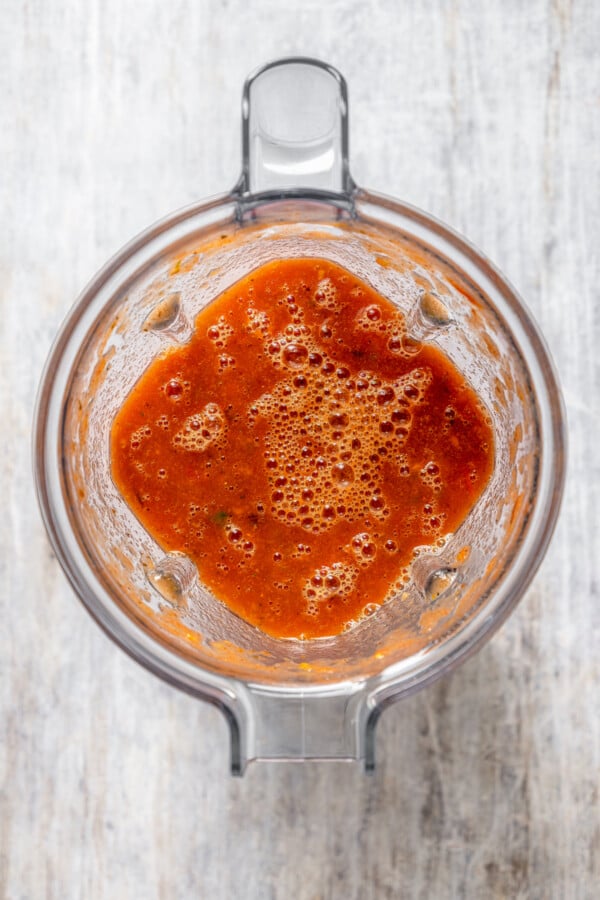 Tomato, garlic and jalapeno pureed in a blender.