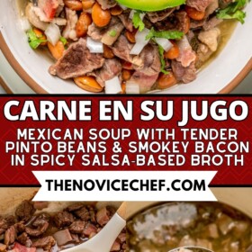 A bowl of Carne en su Jugo with fresh avocado and cilantro on top.