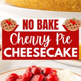 A no bake cheesecake with cherry pie filling on top.