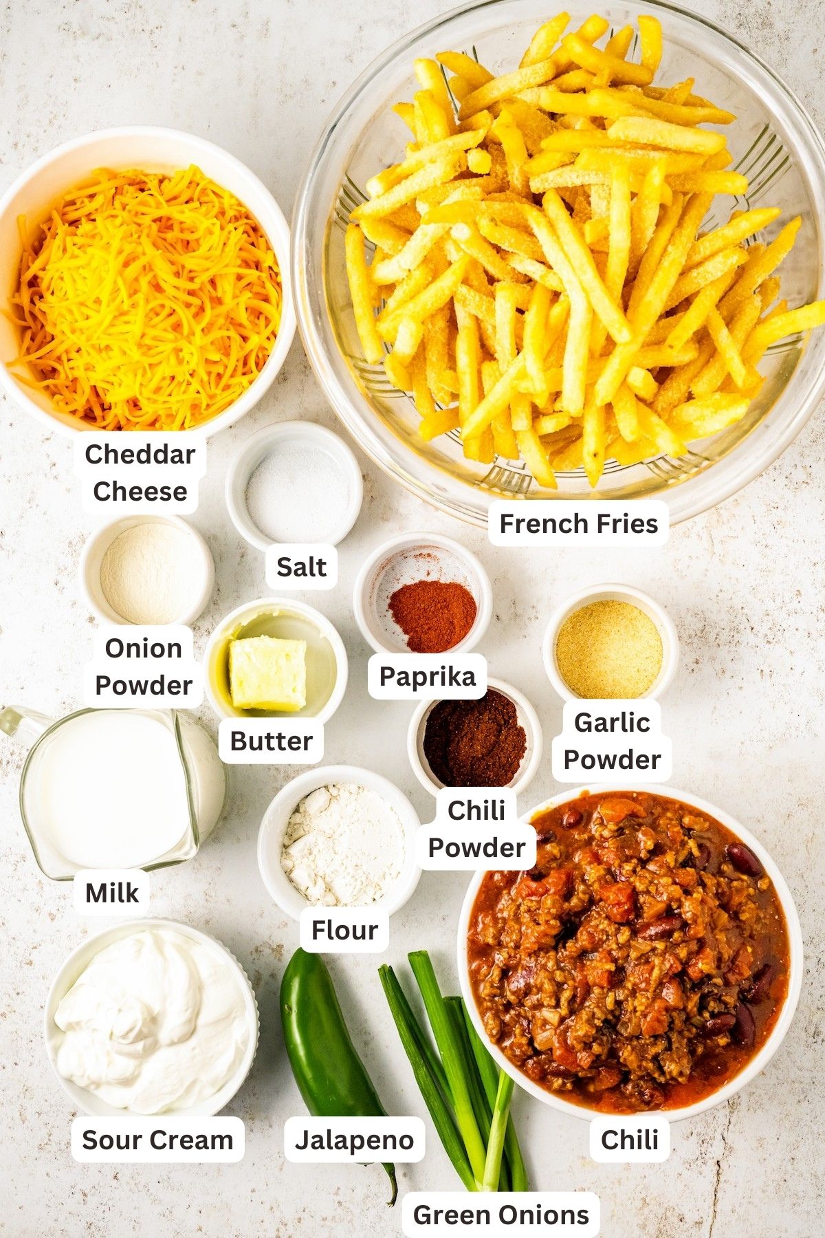 Ingredients for Chili Cheese Fries recipe.