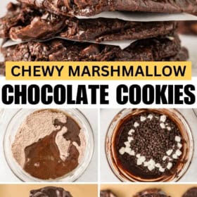 Chewy marshmallow chocolate cookies are made in just one bowl before baking on a cookie sheet lined with parchment paper.