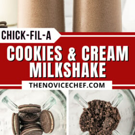 Chick Fil A Cookies & Cream Milkshake being made in a blender and poured into a glass.