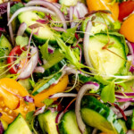 Close-up of cucumber tomato salad.