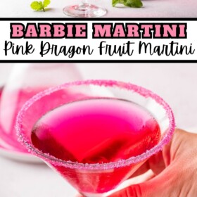 Pink martini with a pink sugar rim made with dragon fruit simple syrup.