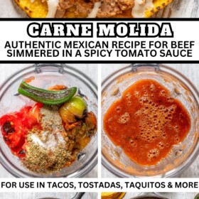 Carne Molida being made in a cast iron skillet and served on top of a tostada.