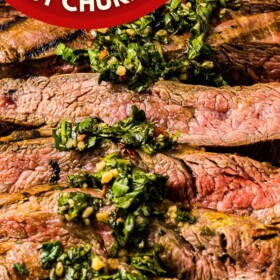 Churrasco Steak sliced into pieces and topped with chimichurri sauce.